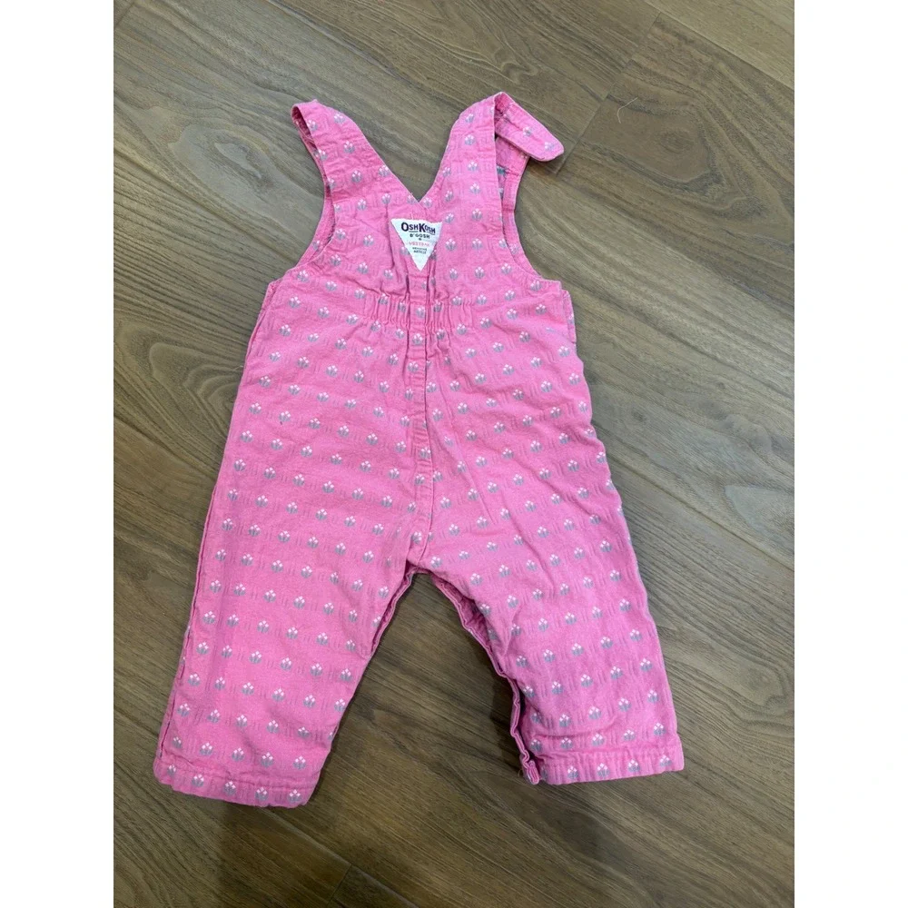 Vtg Oshkosh Overalls Romper 12 months Pink Cotton denim vestbak Floral Retro